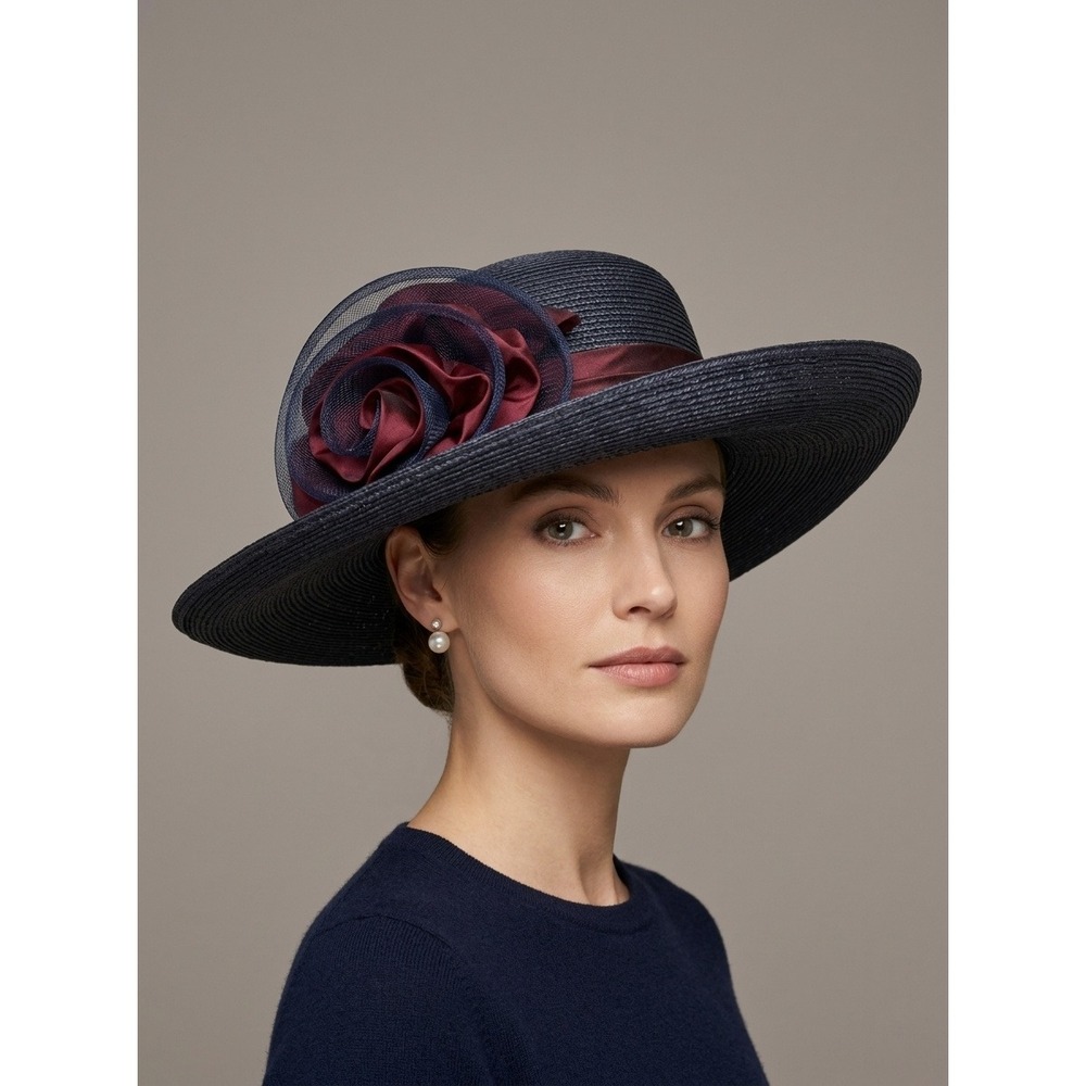 Vintage Sylvia Hat New York Wide Brim Straw Navy Blue Burgundy Rose Floral Sun